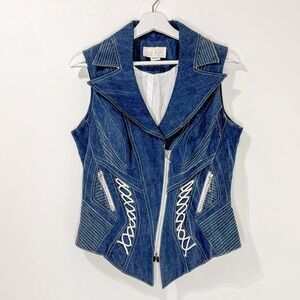 Vintage Cache Light Blue Denim Corset Vest Moto Style Zipped Y2K 100% Tencel